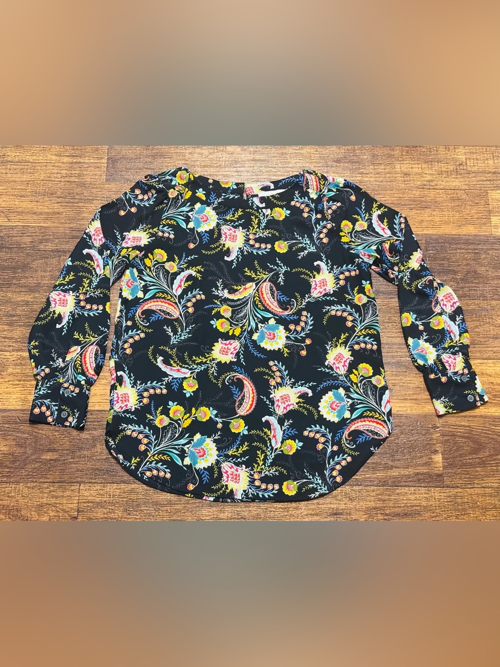LOFT Black Floral Paisley Button-Cuff Blouse